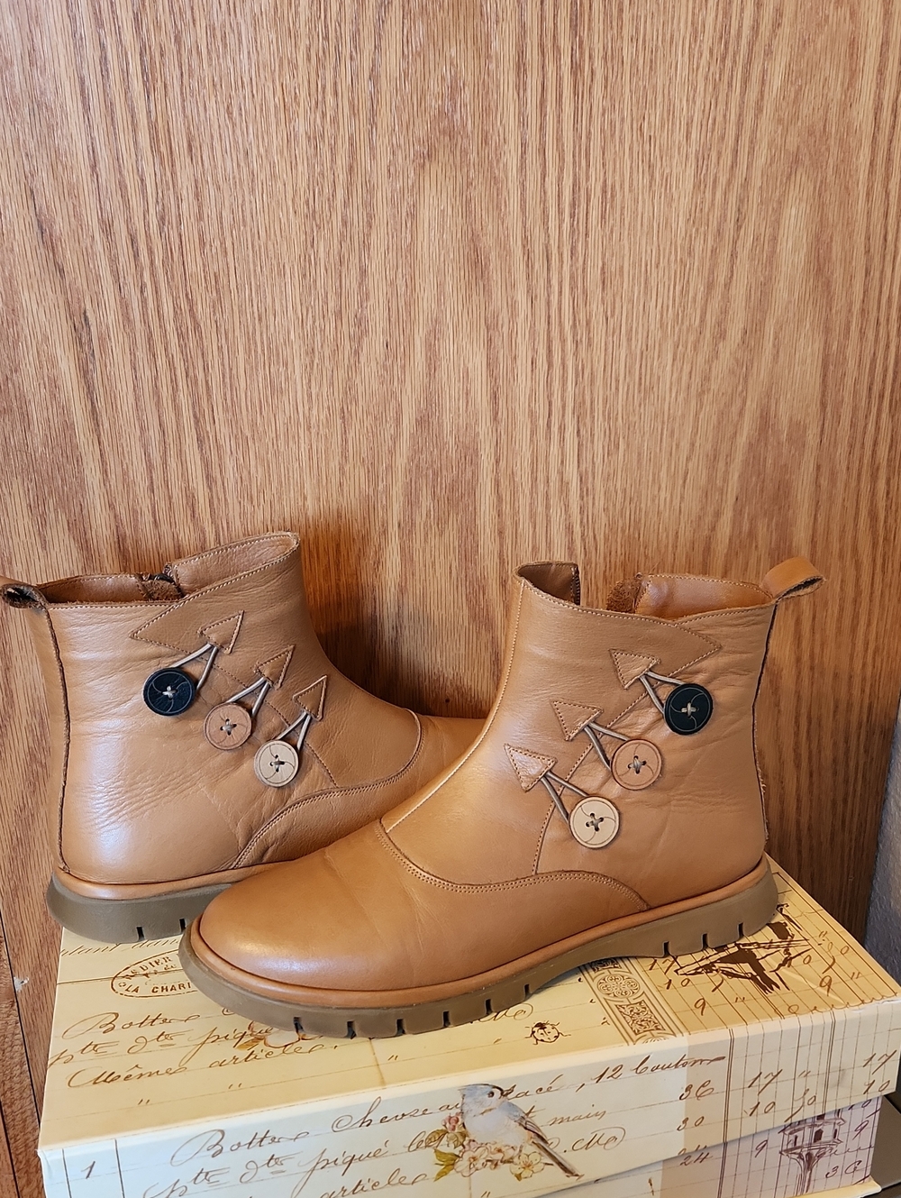 Coldwater Creek Camel Leather Ankle Booties with Button Accents